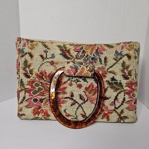 Vintage JR Florida Tapestry Tortoise Handle Purse 9in H x 13.5in L